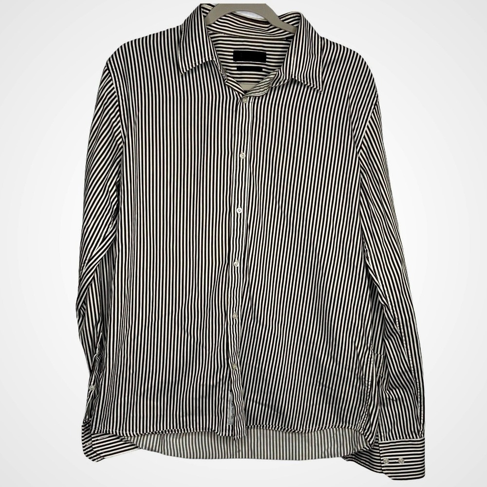 Men's Large Striped Dress Shirt Long Sleeve Brown White Riley Est. 1992 Casual
